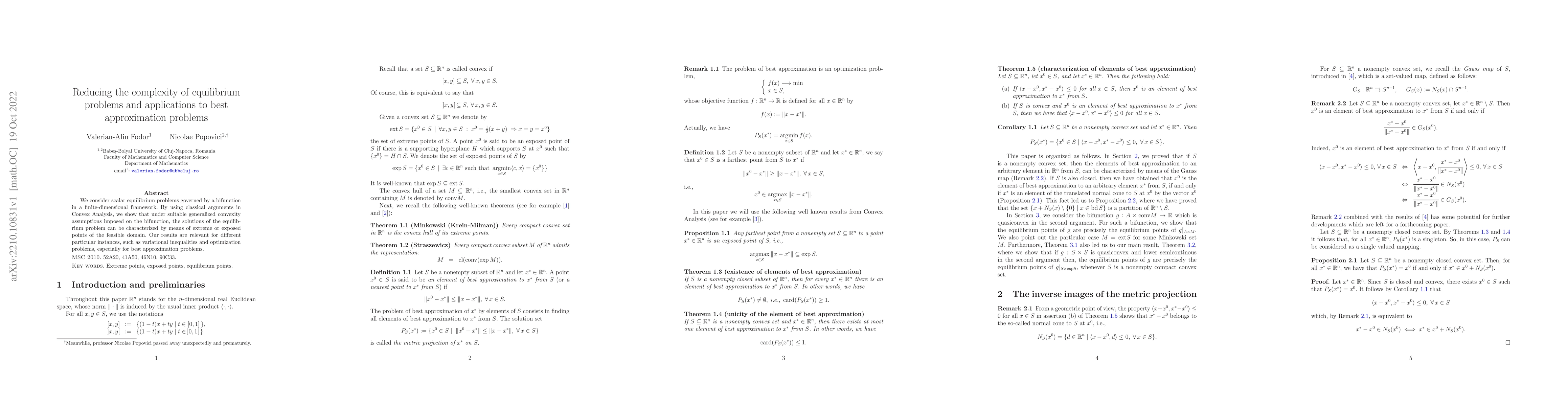 Thumbnail for Reducing the complexity of equilibrium problems and applications to best
  approximation problems