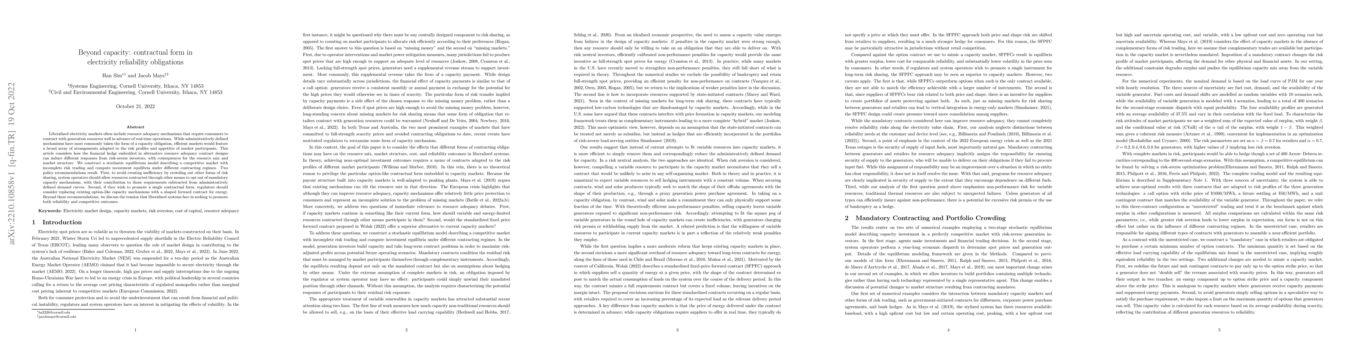 Thumbnail for Beyond capacity: contractual form in electricity reliability obligations