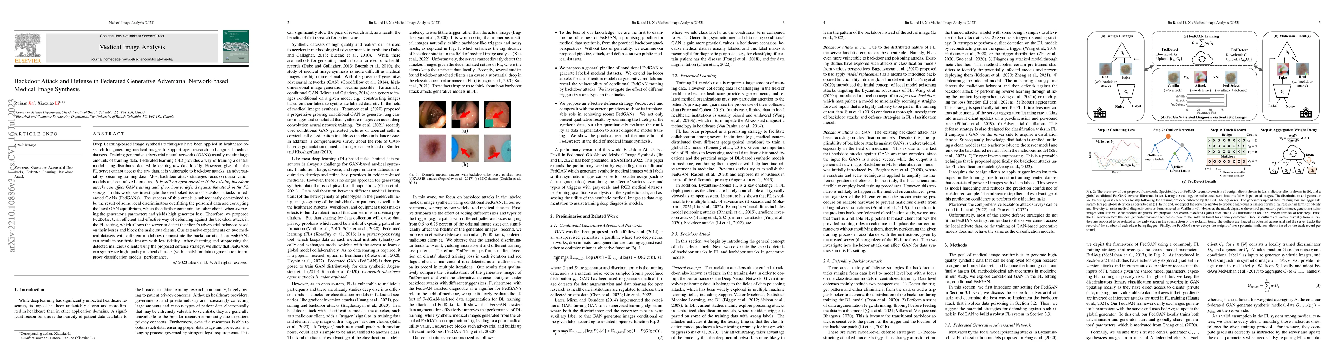 Thumbnail for Backdoor Attack and Defense in Federated Generative Adversarial
  Network-based Medical Image Synthesis