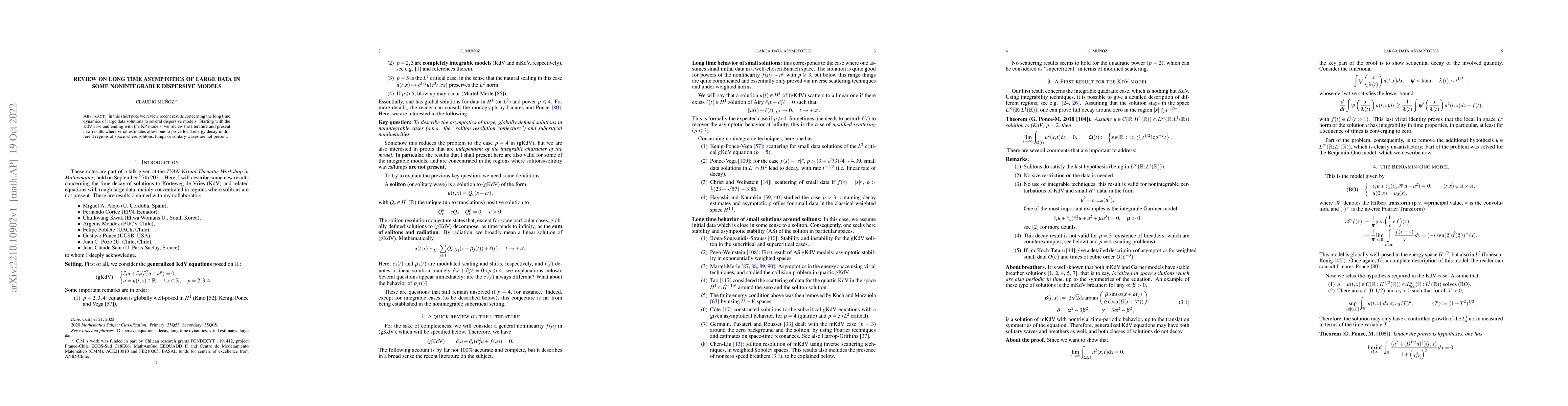 Thumbnail for Review on long time asymptotics of large data in some nonintegrable
  dispersive models