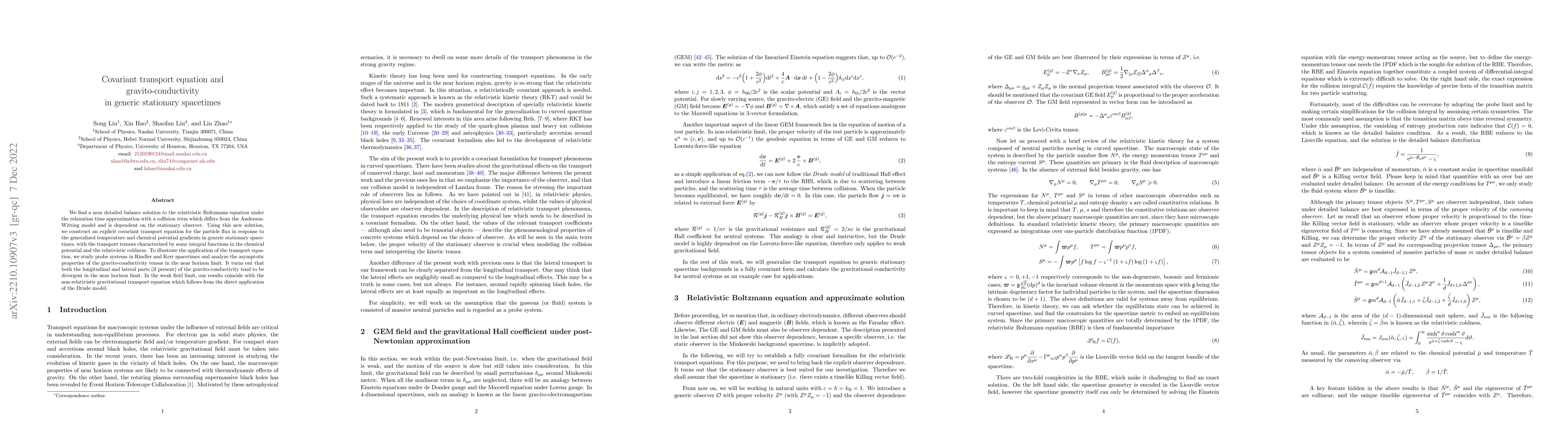 Thumbnail for Covariant transport equation and gravito-conductivity in generic
  stationary spacetimes
