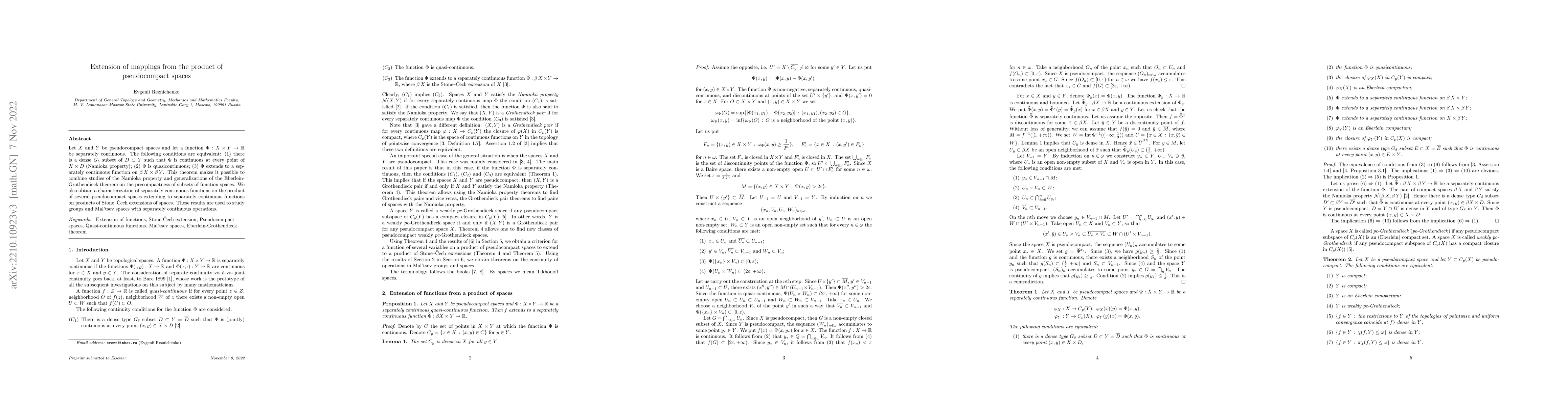 Thumbnail for Extension of mappings from the product of pseudocompact spaces