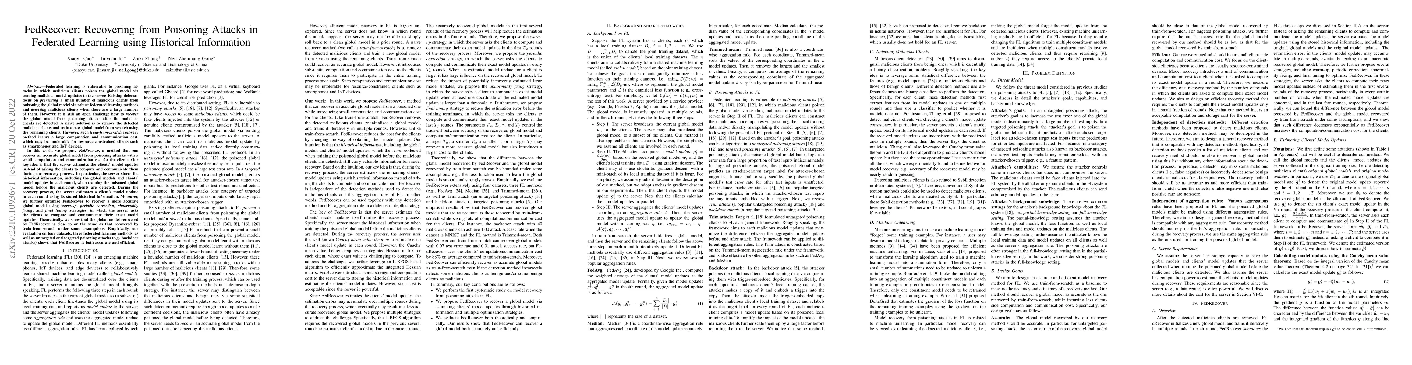 Thumbnail for FedRecover: Recovering from Poisoning Attacks in Federated Learning
  using Historical Information