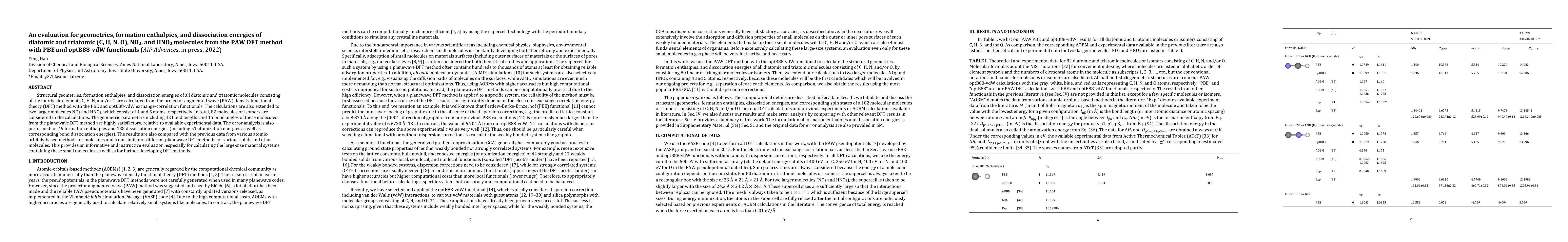 Thumbnail for An evaluation for geometries, formation enthalpies, and dissociation
  energies of diatomic and triatomic (C, H, N, O), NO3, and HNO3 molecules from
  the PAW DFT method with PBE and optB88-vdW functionals