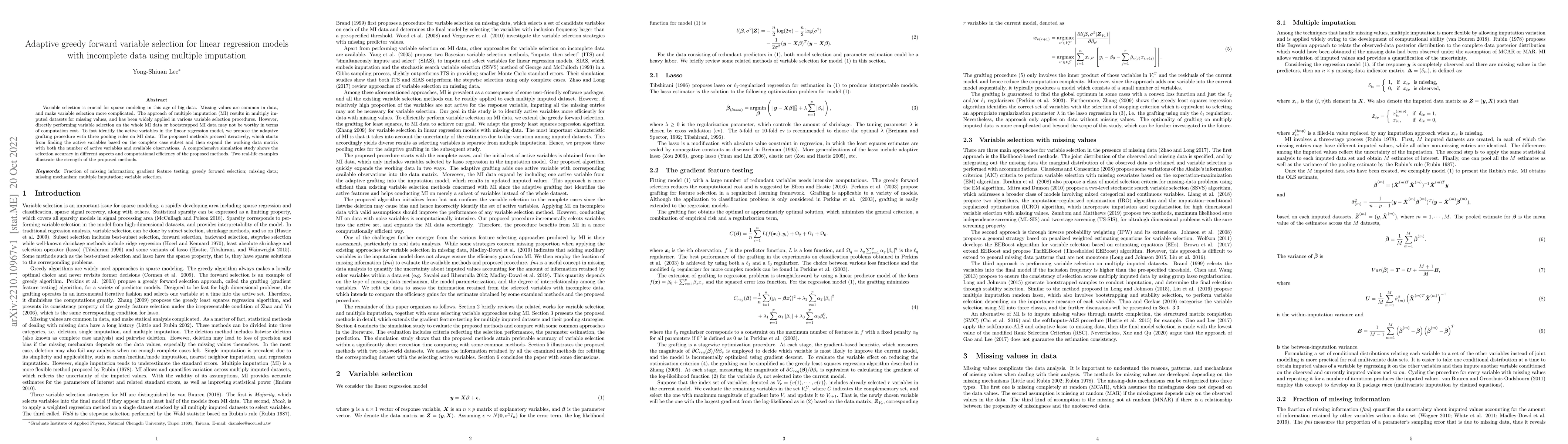 Thumbnail for Adaptive greedy forward variable selection for linear regression models
  with incomplete data using multiple imputation