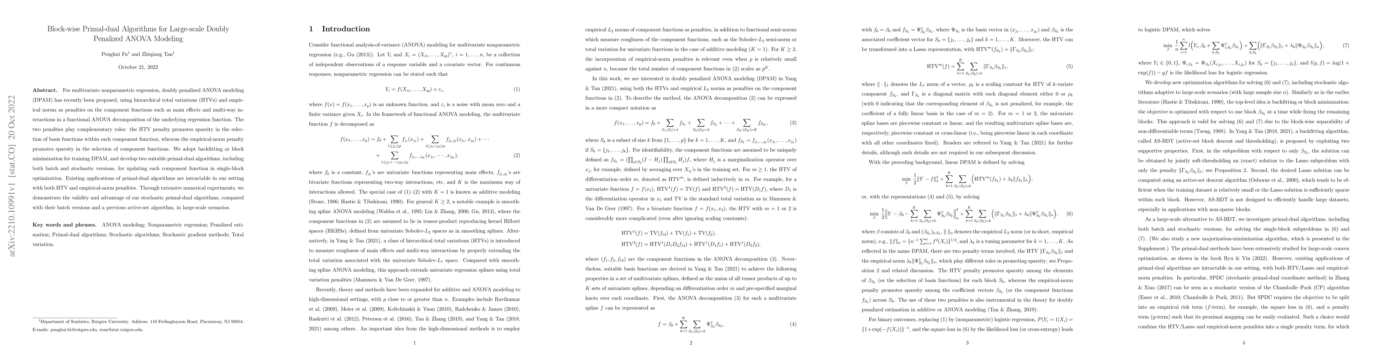 Thumbnail for Block-wise Primal-dual Algorithms for Large-scale Doubly Penalized ANOVA
  Modeling