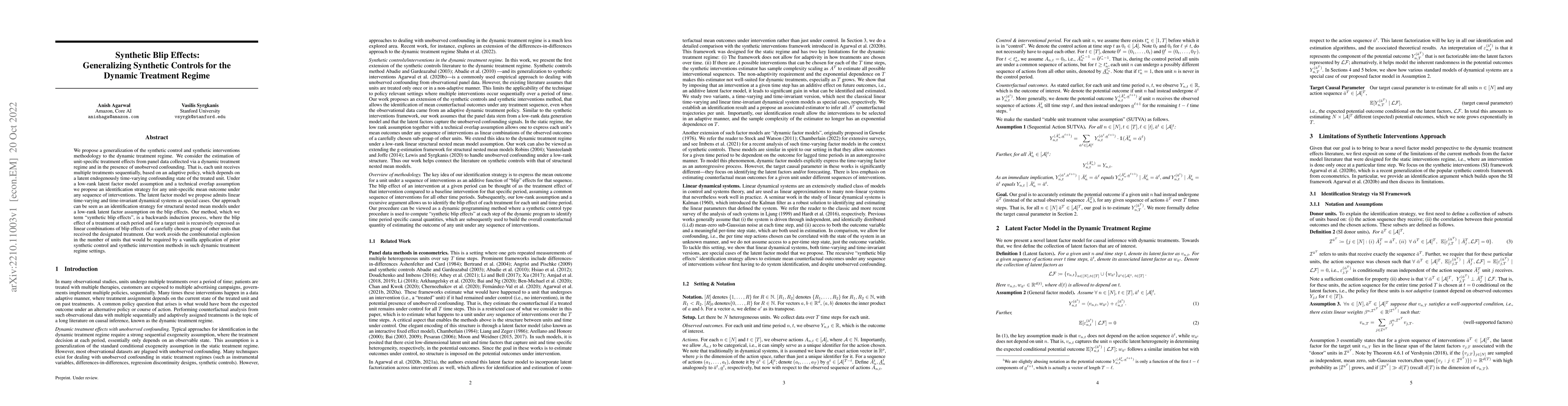 Thumbnail for Synthetic Blip Effects: Generalizing Synthetic Controls for the Dynamic
  Treatment Regime