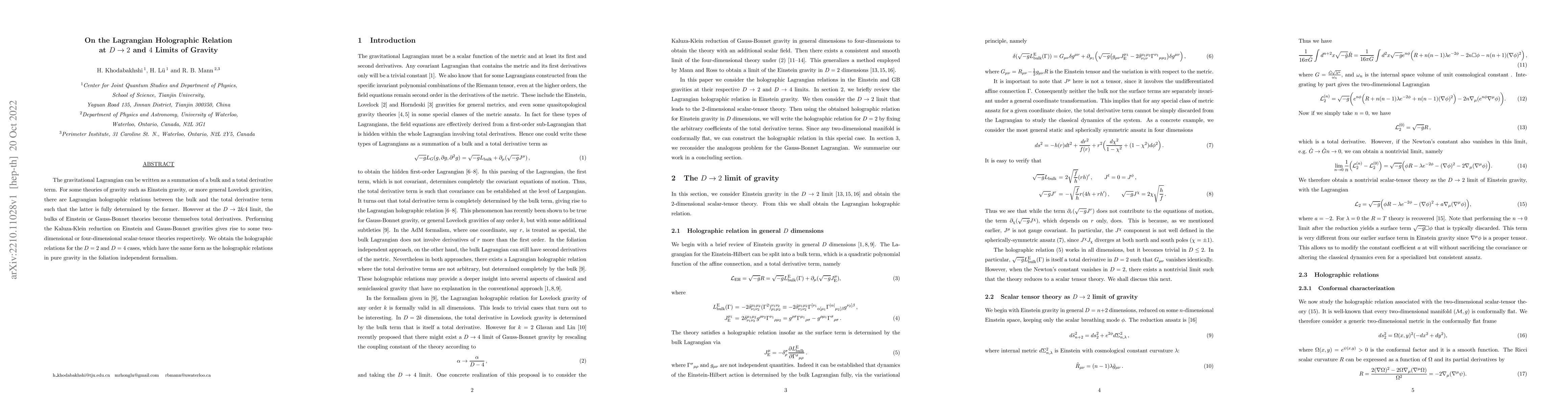 Thumbnail for On the Lagrangian Holographic Relation at $D\rightarrow2$ and $4$ Limits
  of Gravity