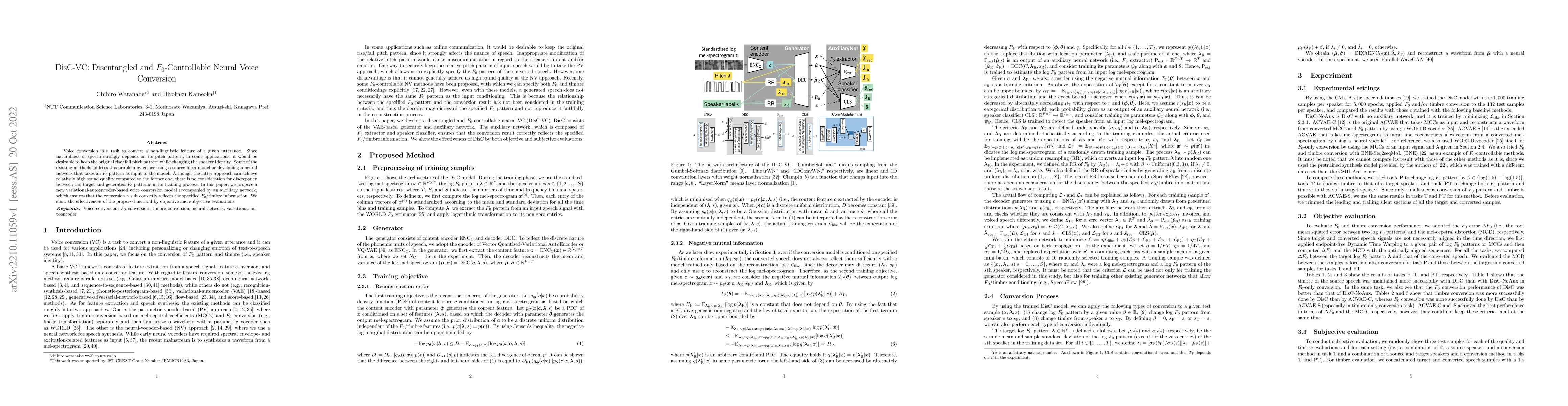 Thumbnail for DisC-VC: Disentangled and F0-Controllable Neural Voice Conversion