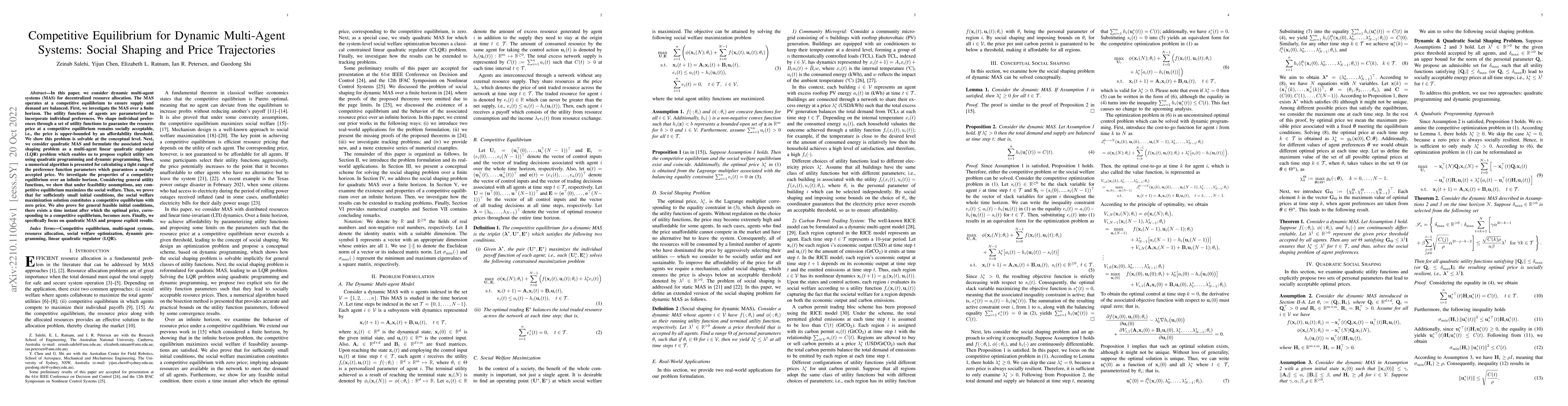 Thumbnail for Competitive Equilibrium for Dynamic Multi-Agent Systems: Social Shaping
  and Price Trajectories