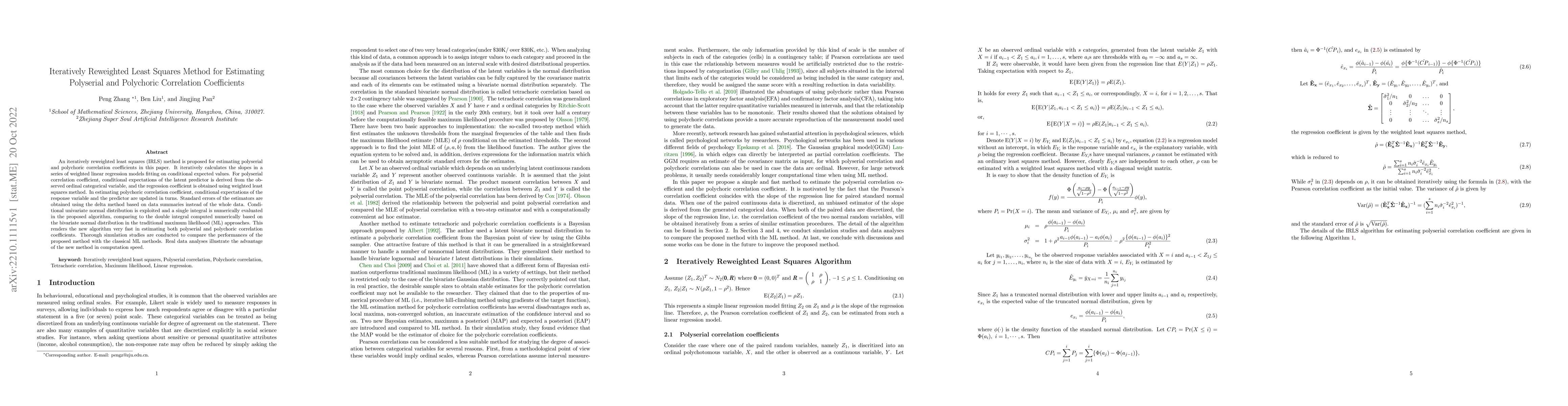 Thumbnail for Iteratively Reweighte Least Squares Method for Estimating Polyserial and
  Polychoric Correlation Coefficients