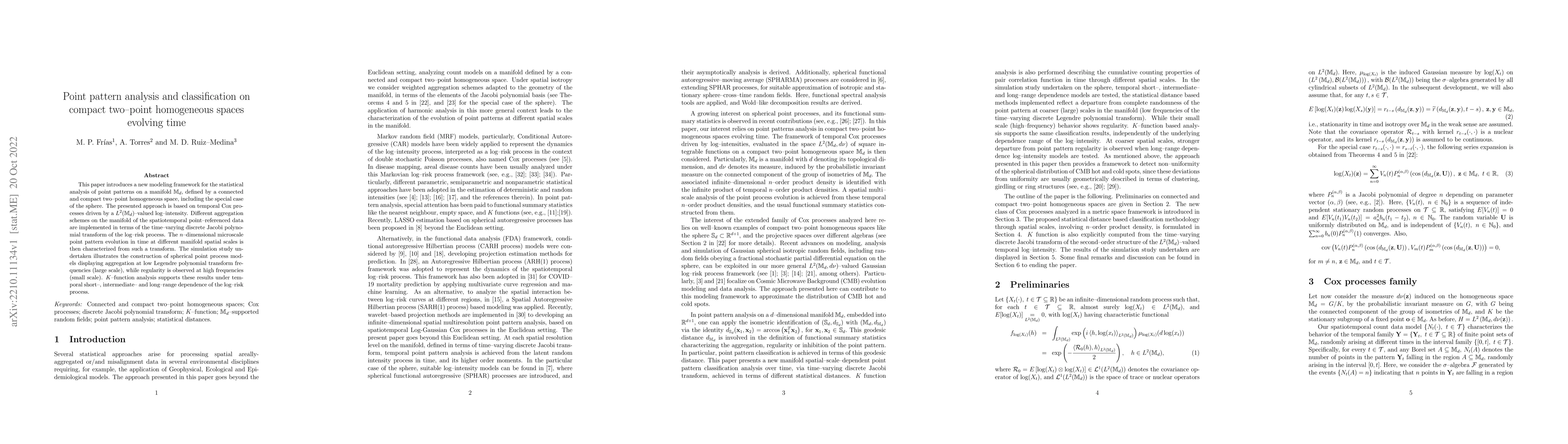 Thumbnail for Point pattern analysis and classification on compact two-point
  homogeneous spaces evolving time