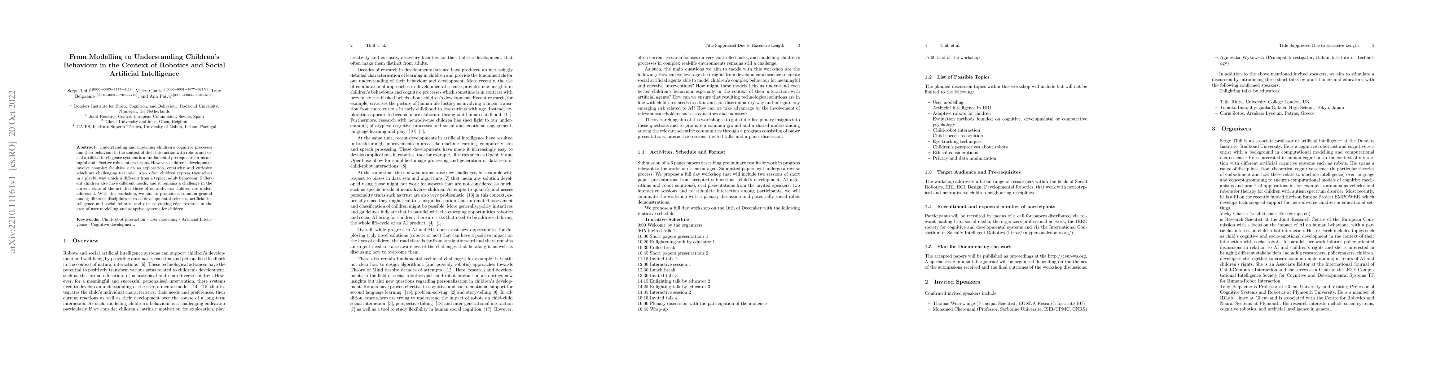 Thumbnail for From Modelling to Understanding Children's Behaviour in the Context of
  Robotics and Social Artificial Intelligence