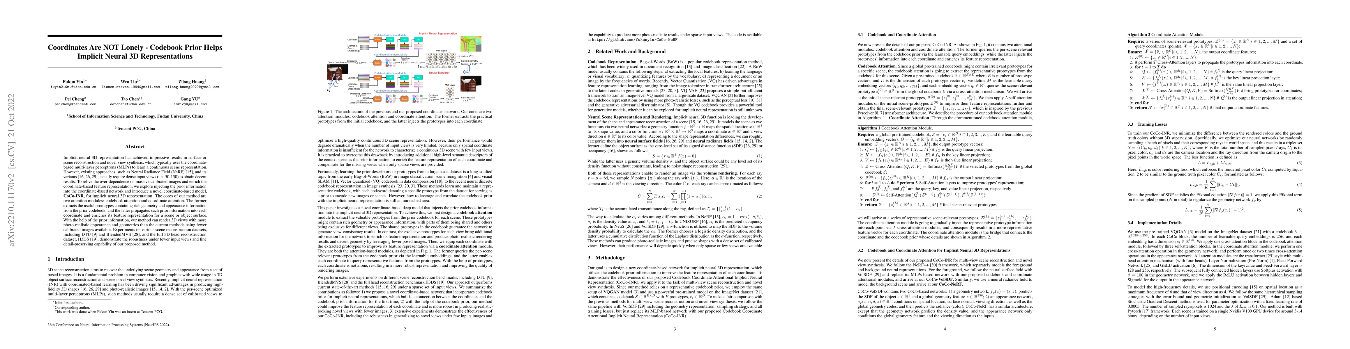 Thumbnail for Coordinates Are NOT Lonely -- Codebook Prior Helps Implicit Neural 3D
  Representations