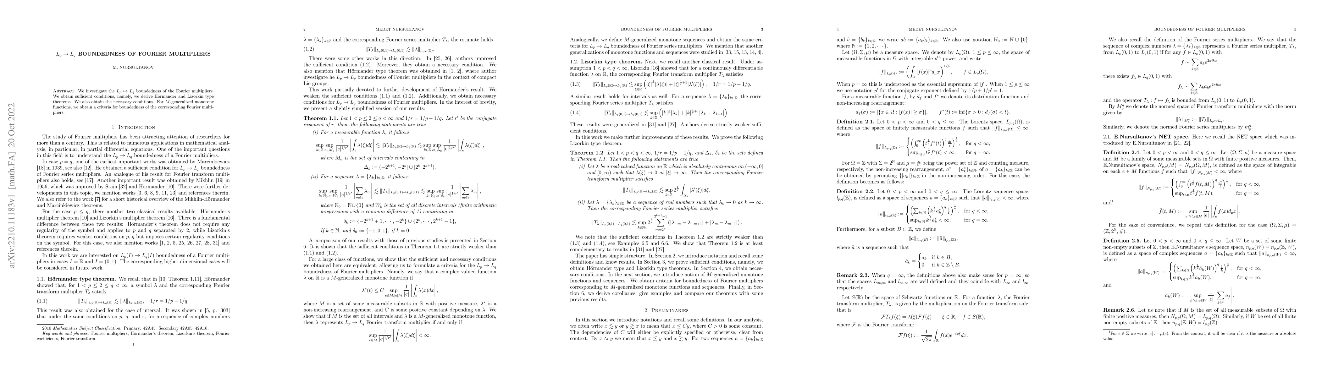 Thumbnail for $L_p\rightarrow L_q$ boundedness of Fourier multipliers