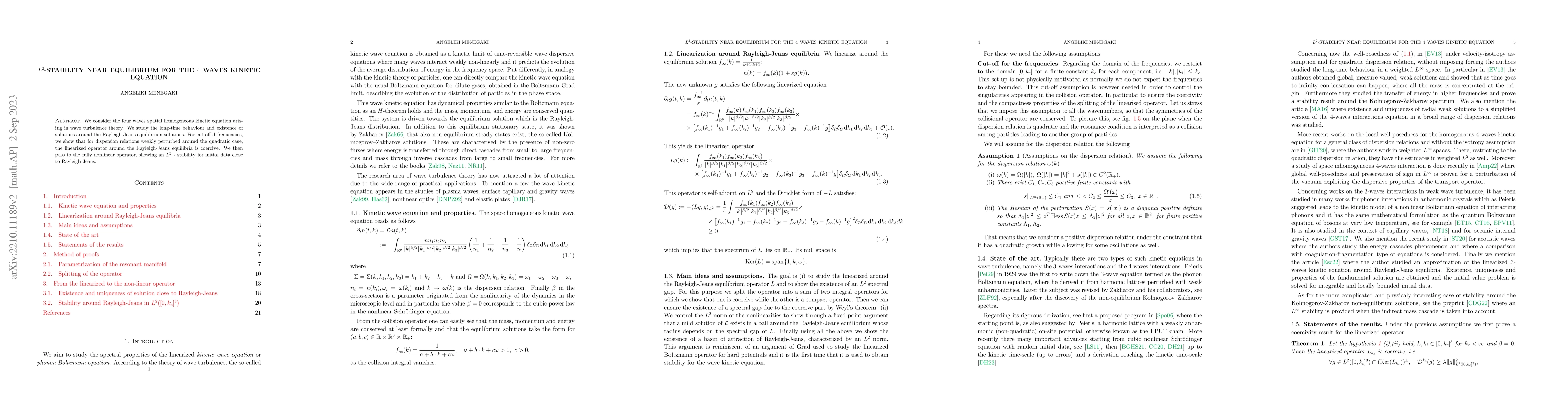Thumbnail for $L^2$-stability near equilibrium for the $4$ waves kinetic equation