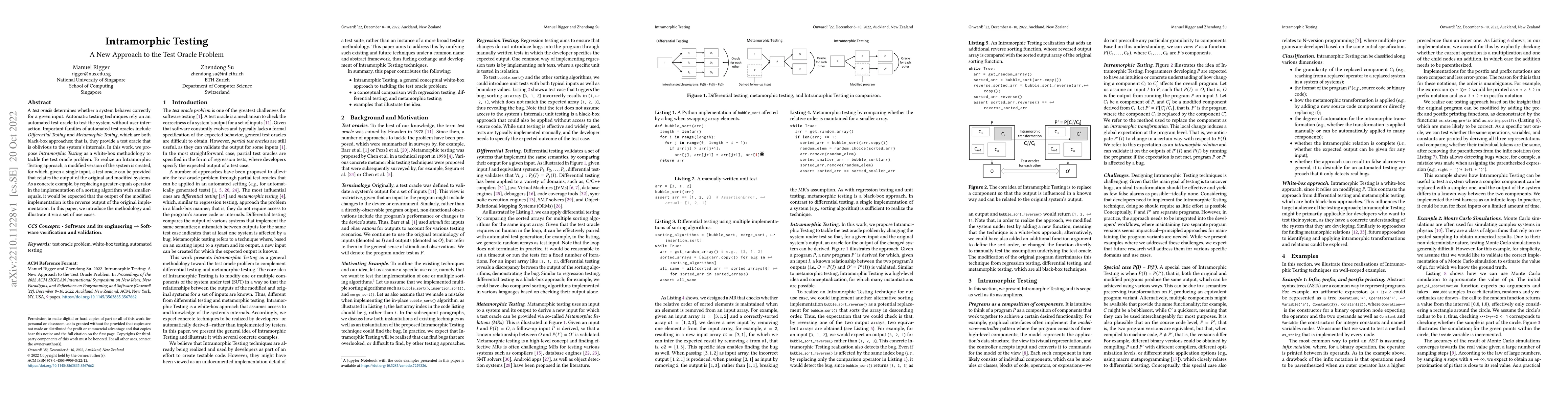 Thumbnail for Intramorphic Testing: A New Approach to the Test Oracle Problem