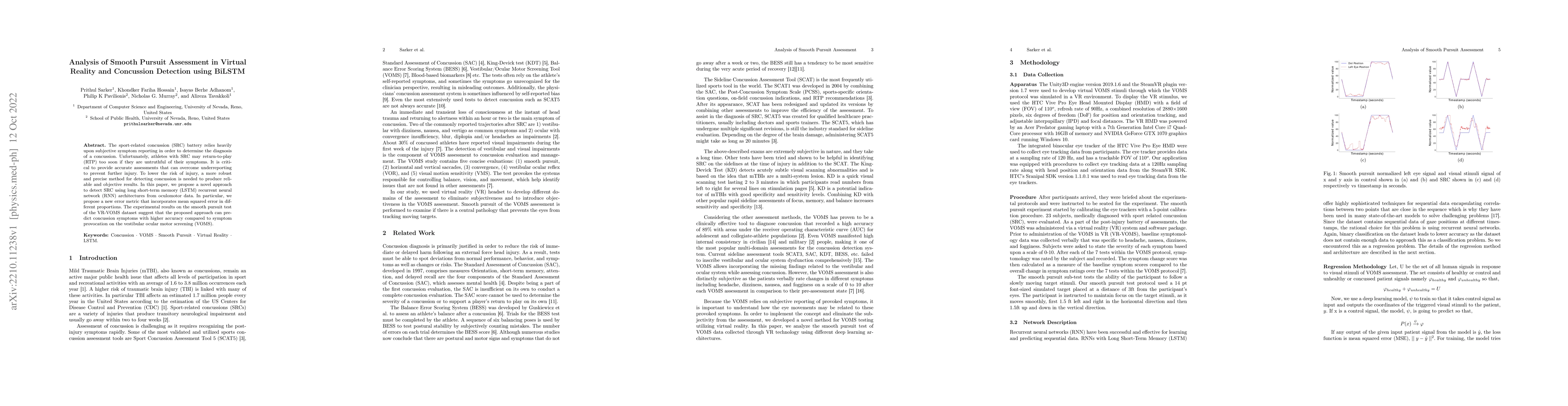 Thumbnail for Analysis of Smooth Pursuit Assessment in Virtual Reality and Concussion
  Detection using BiLSTM