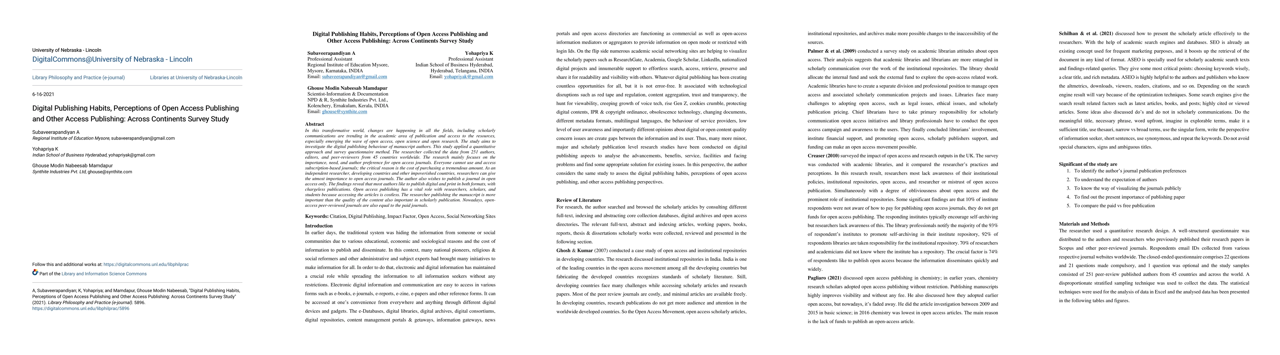 Thumbnail for Digital Publishing Habits, Perceptions of Open Access Publishing and
  Other Access Publishing: Across Continents Survey Study