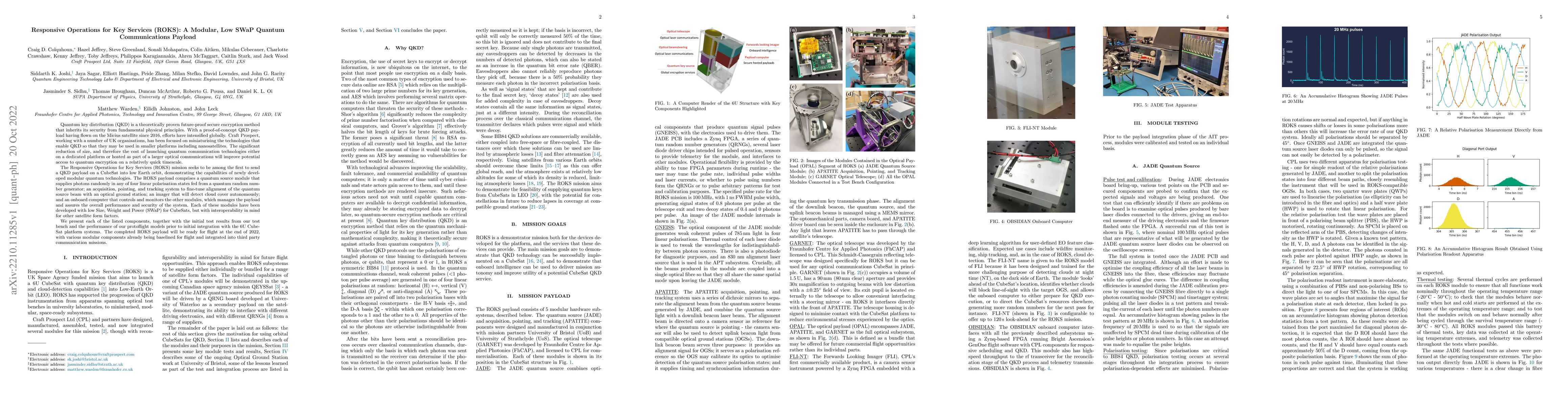 Thumbnail for Responsive Operations for Key Services (ROKS): A Modular, Low SWaP
  Quantum Communications Payload