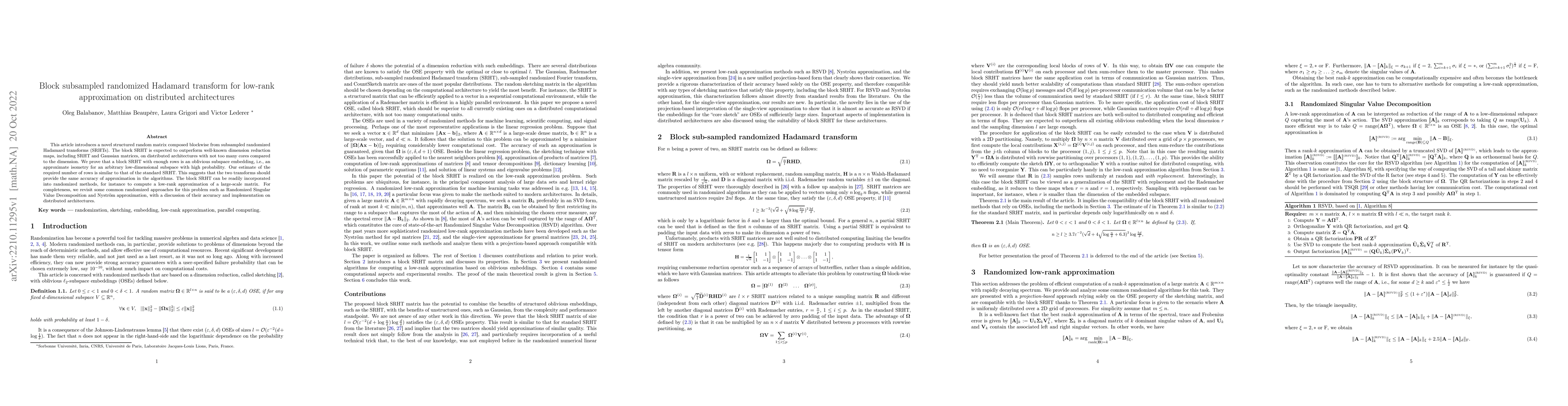 Thumbnail for Block subsampled randomized Hadamard transform for low-rank
  approximation on distributed architectures