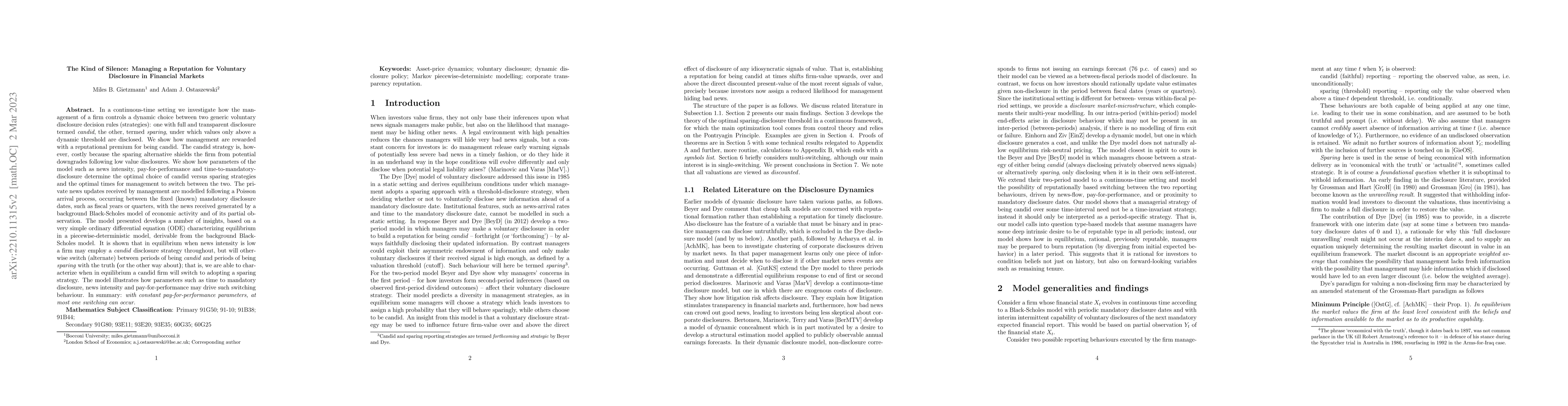 Thumbnail for The Kind of Silence: Managing a Reputation for Voluntary Disclosure in
  Financial Markets