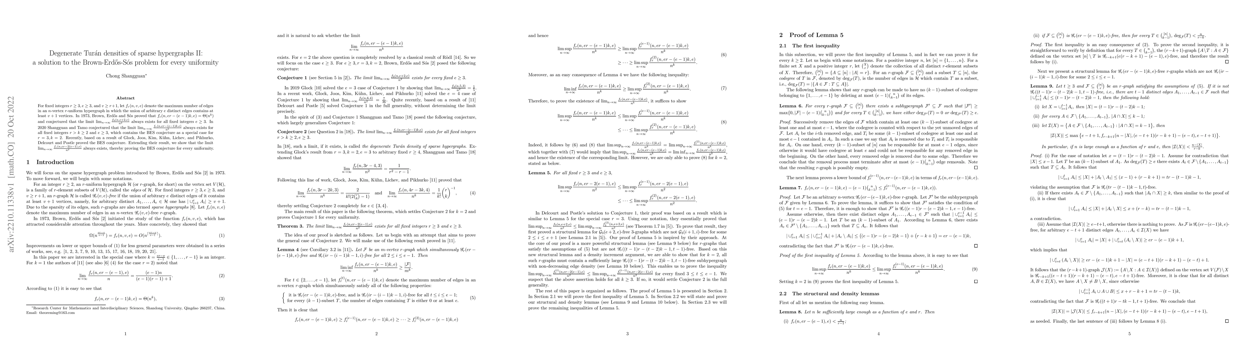 Thumbnail for Degenerate Tur\'an densities of sparse hypergraphs II: a solution to the
  Brown-Erd\H{o}s-S\'os problem for every uniformity
