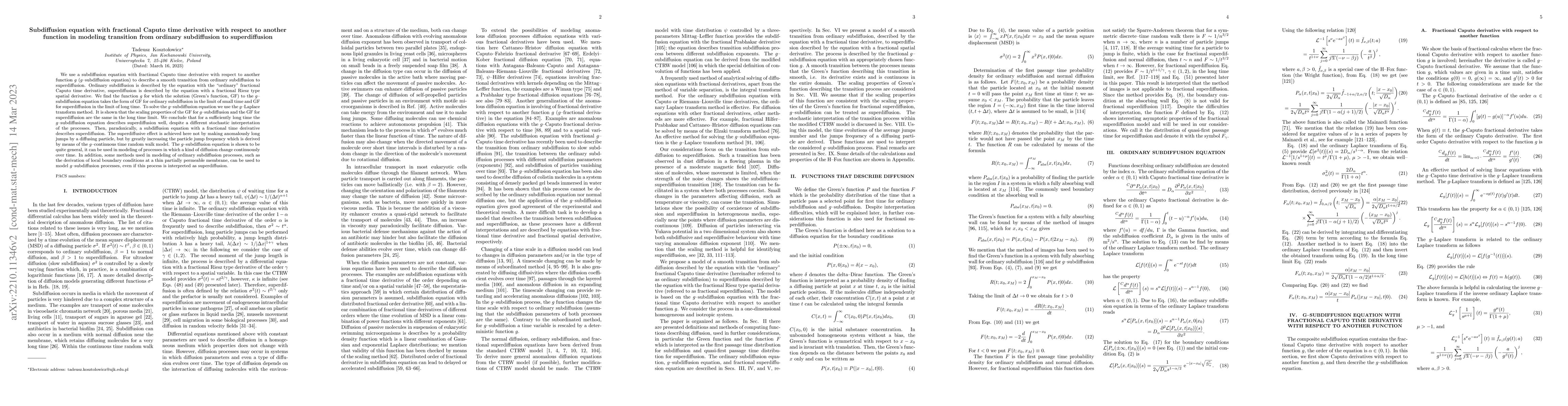 Thumbnail for Subdiffusion equation with fractional Caputo time derivative with
  respect to another function in modeling transition from ordinary subdiffusion
  to superdiffusion