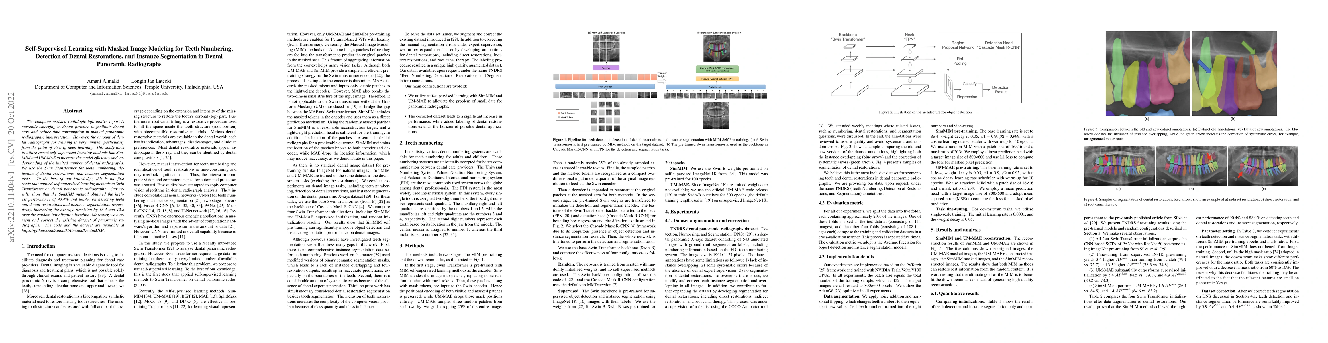 Thumbnail for Self-Supervised Learning with Masked Image Modeling for Teeth Numbering,
  Detection of Dental Restorations, and Instance Segmentation in Dental
  Panoramic Radiographs