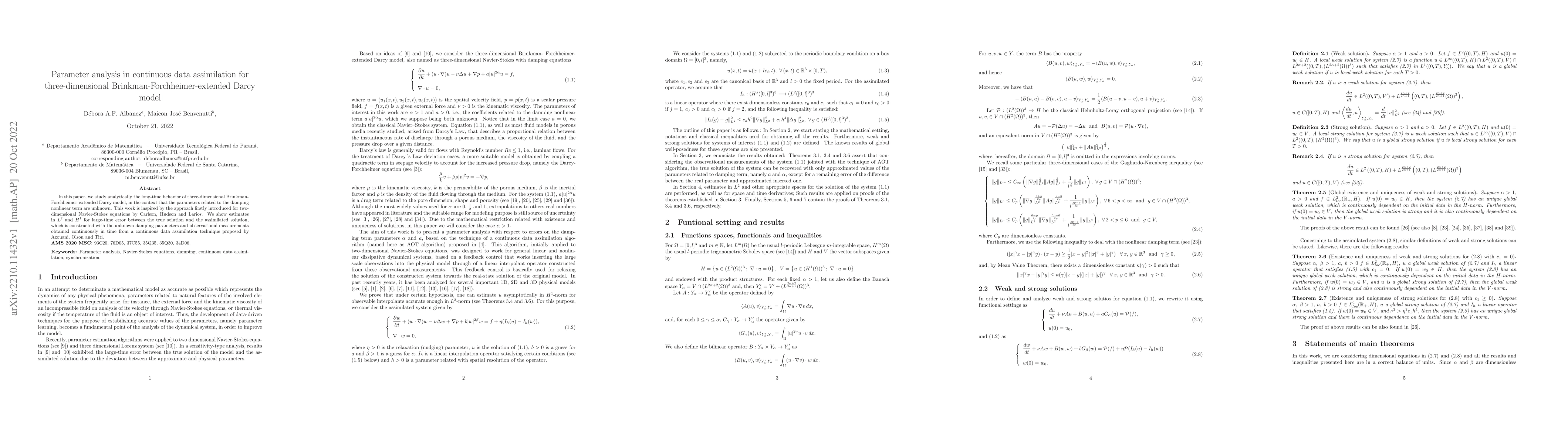 Thumbnail for Parameter analysis in continuous data assimilation for three-dimensional
  Brinkman-Forchheimer-extended Darcy