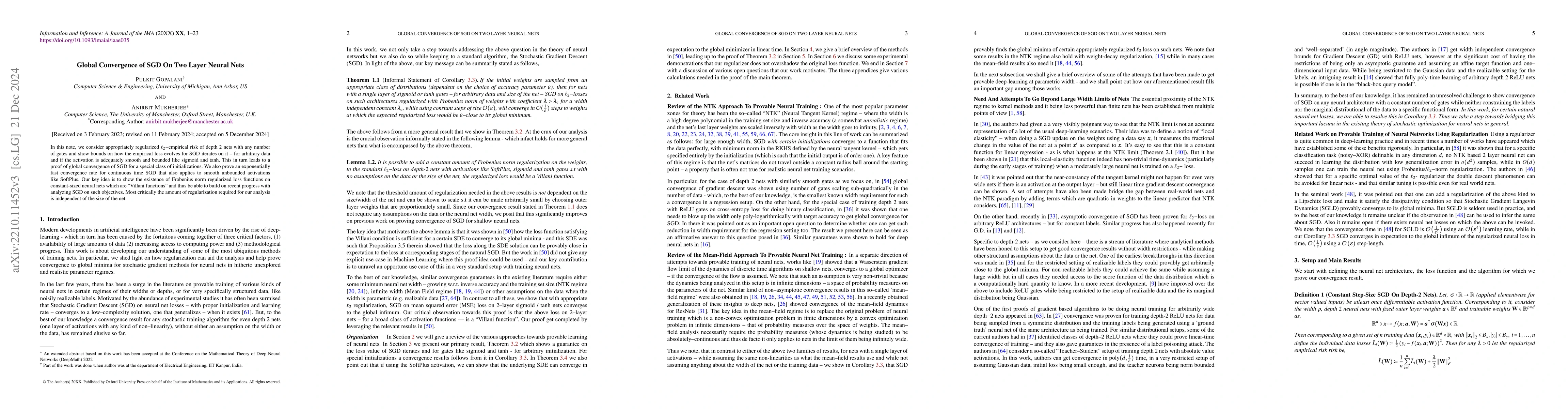 Thumbnail for Global Convergence of SGD On Two Layer Neural Nets