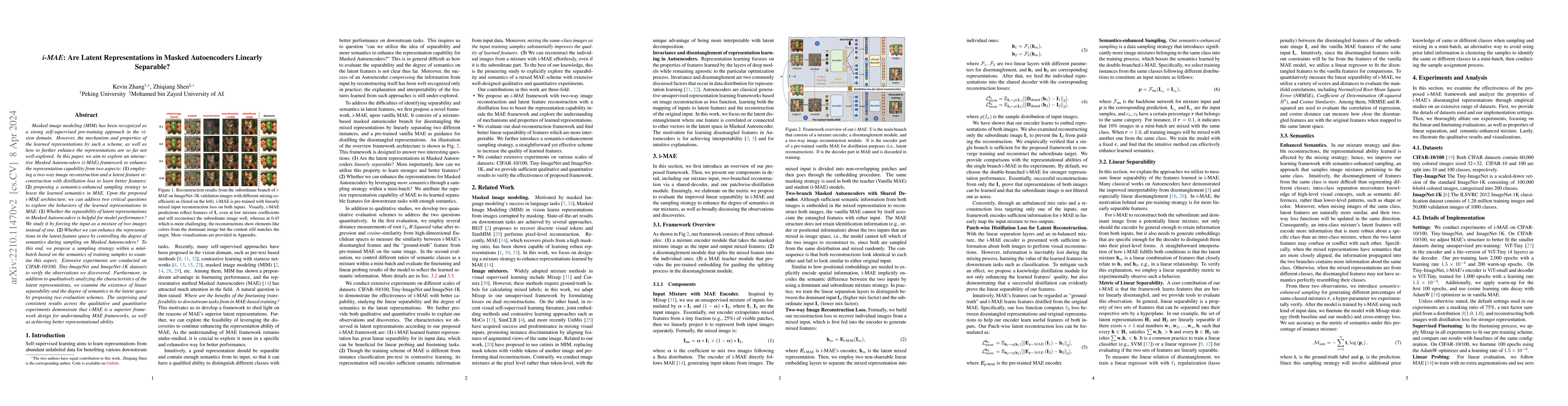 Thumbnail for i-MAE: Are Latent Representations in Masked Autoencoders Linearly
  Separable?