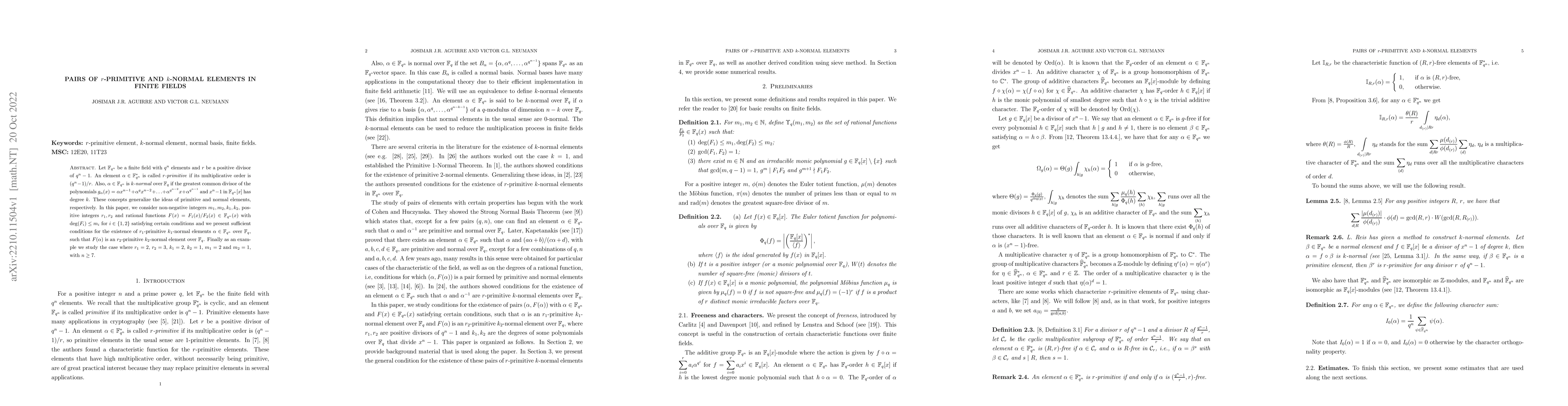 Thumbnail for Pairs of $r$-primitive and $k$-normal elements in finite fields