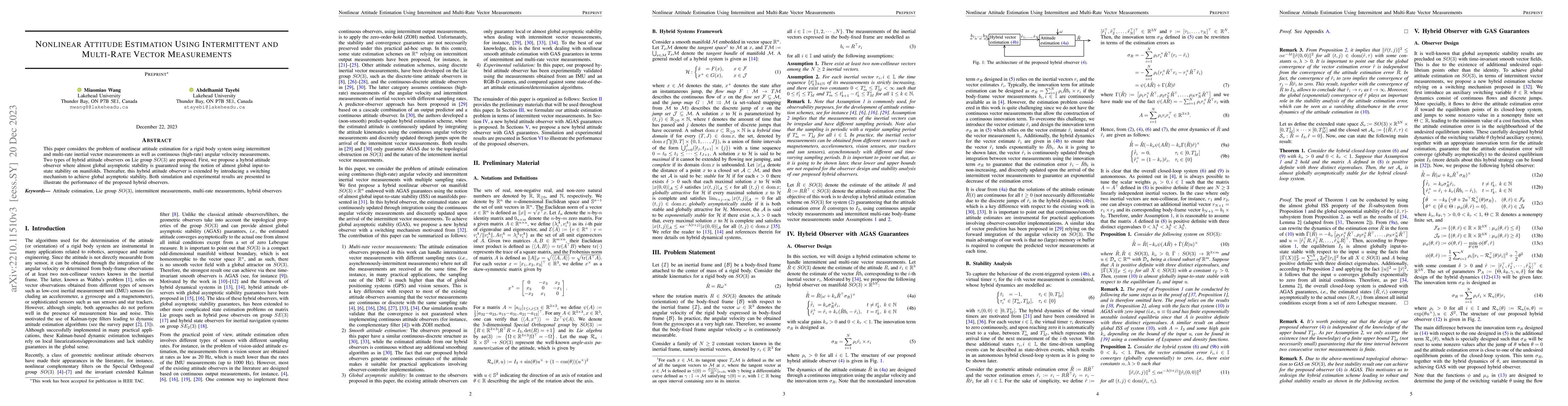 Thumbnail for Nonlinear Attitude Estimation Using Intermittent and Multi-Rate Vector
  Measurements