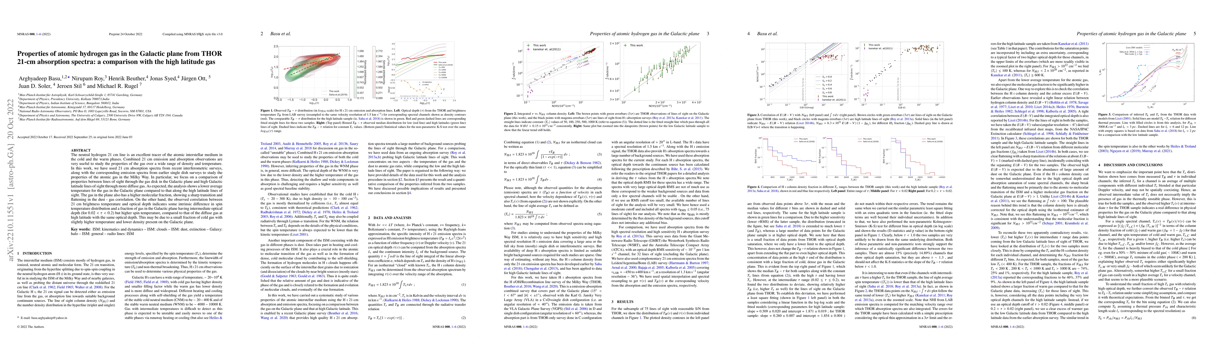 Thumbnail for Properties of atomic hydrogen gas in the Galactic plane from THOR 21-cm
  absorption spectra: a comparison with the high latitude gas