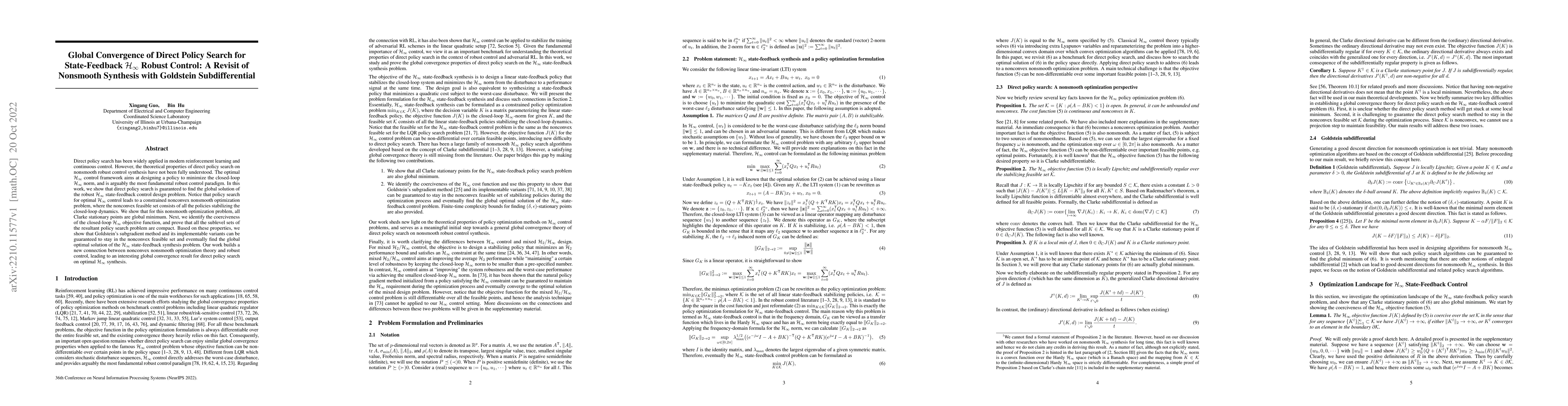 Thumbnail for Global Convergence of Direct Policy Search for State-Feedback
  $\mathcal{H}_\infty$ Robust Control: A Revisit of Nonsmooth Synthesis with
  Goldstein Subdifferential