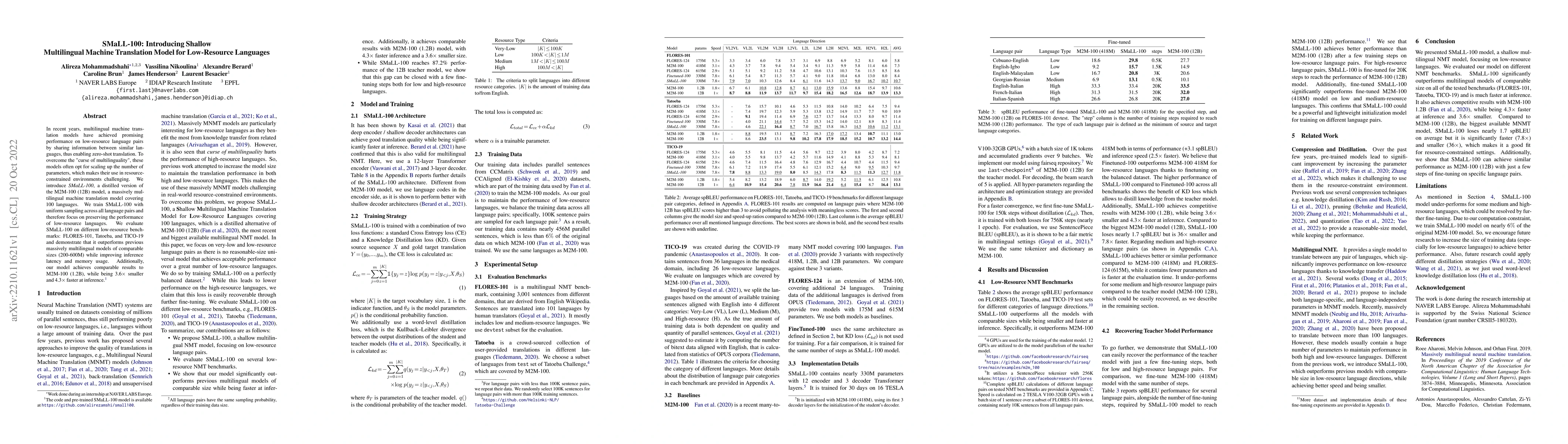 Thumbnail for SMaLL-100: Introducing Shallow Multilingual Machine Translation Model
  for Low-Resource Languages