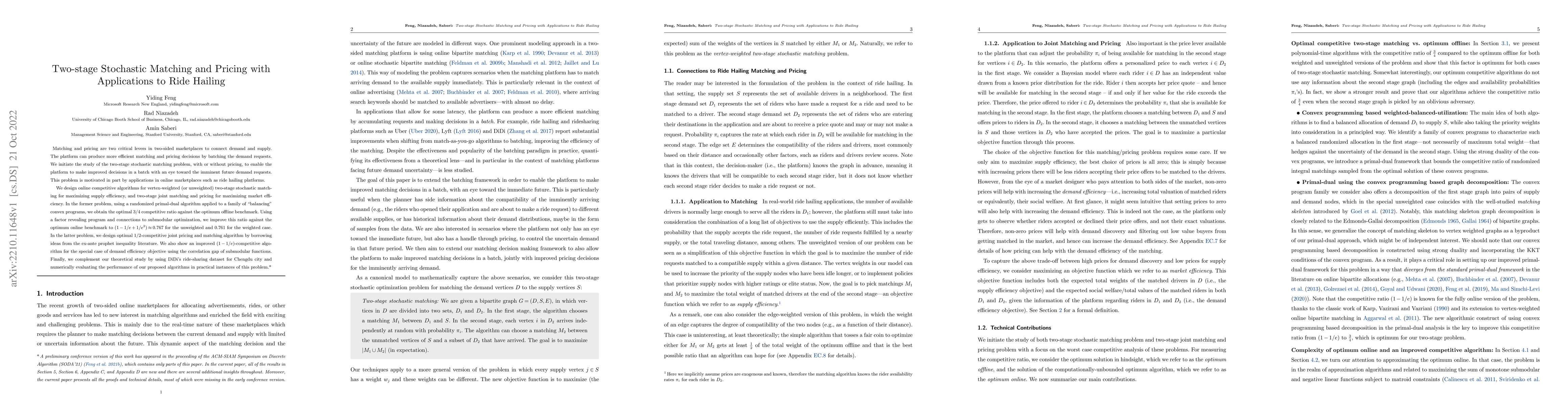Thumbnail for Two-stage Stochastic Matching and Pricing with Applications to Ride
  Hailing