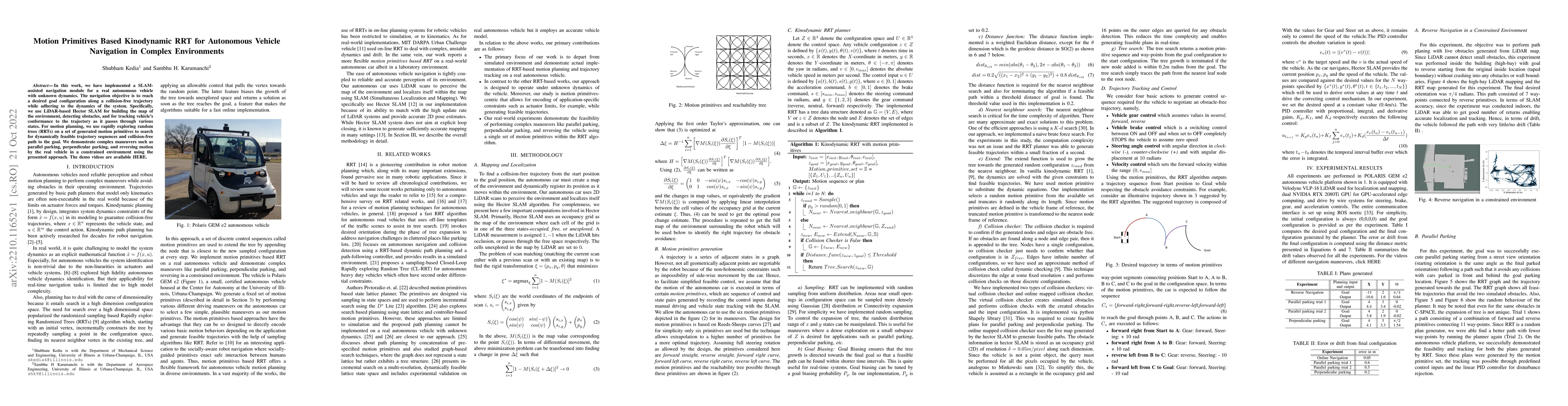 Thumbnail for Motion Primitives Based Kinodynamic RRT for Autonomous Vehicle
  Navigation in Complex Environments