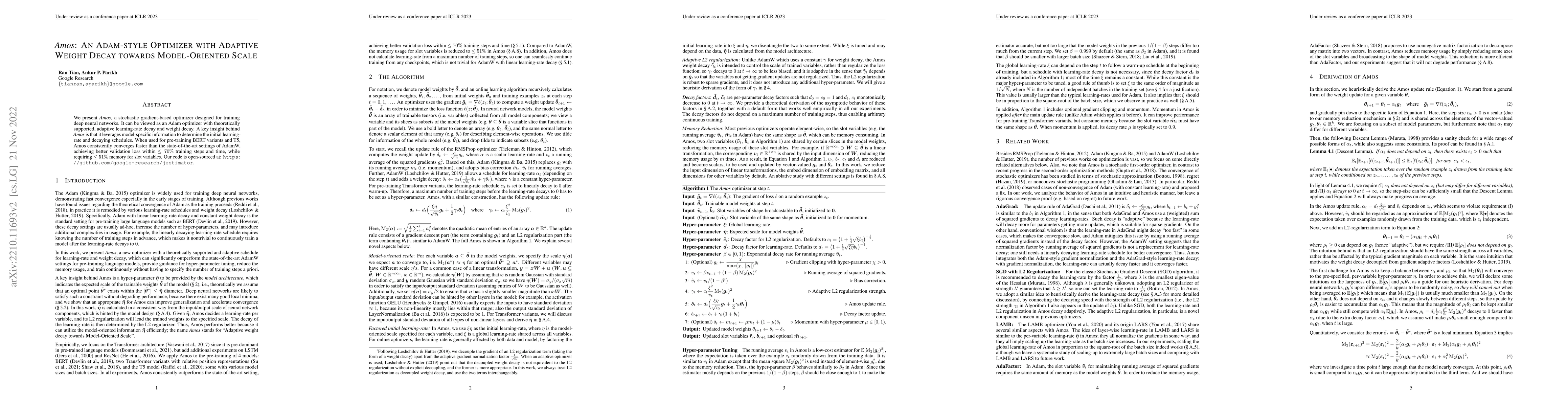 Thumbnail for Amos: An Adam-style Optimizer with Adaptive Weight Decay towards
  Model-Oriented Scale
