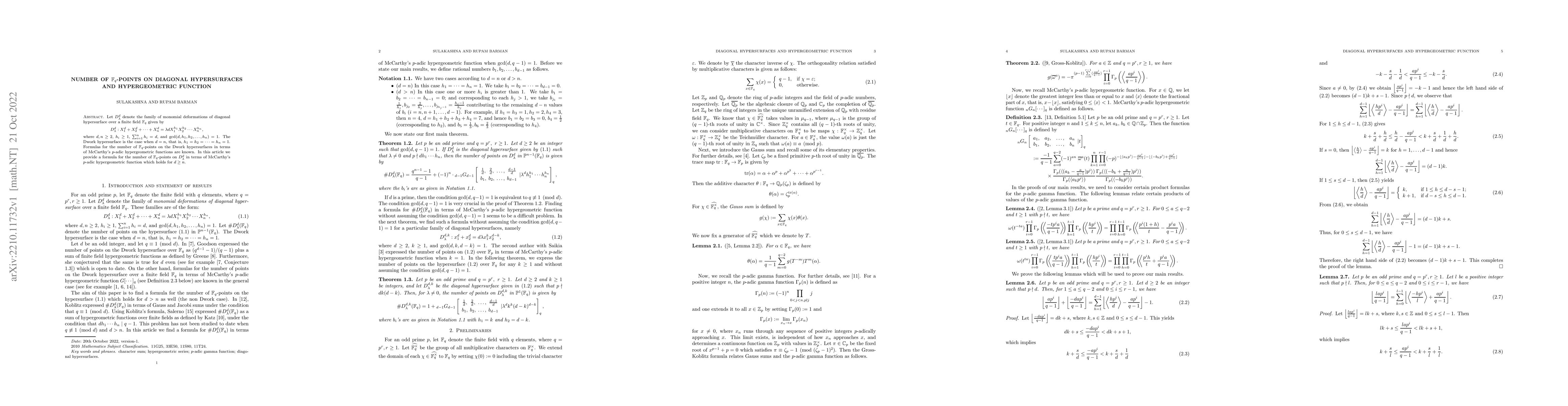 Thumbnail for Number of $\mathbb{F}_q$-points on Diagonal hypersurfaces and
  hypergeometric function