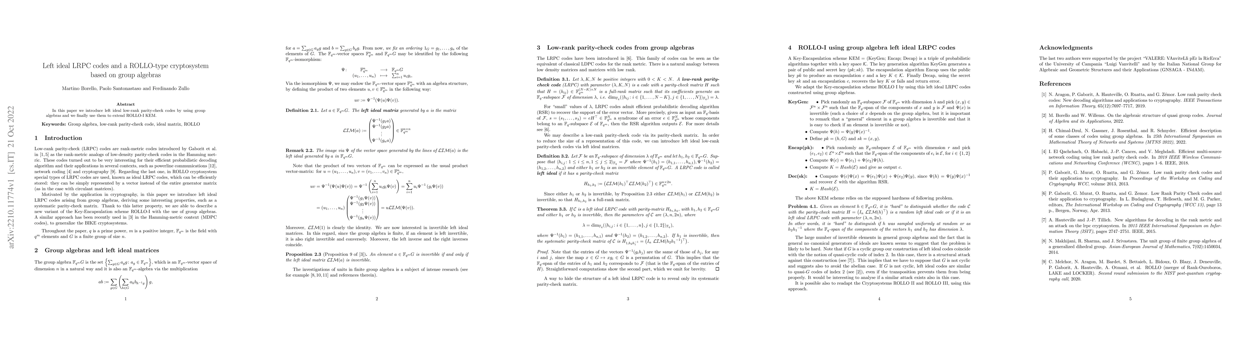 Thumbnail for Left ideal LRPC codes and a ROLLO-type cryptosystem based on group
  algebras