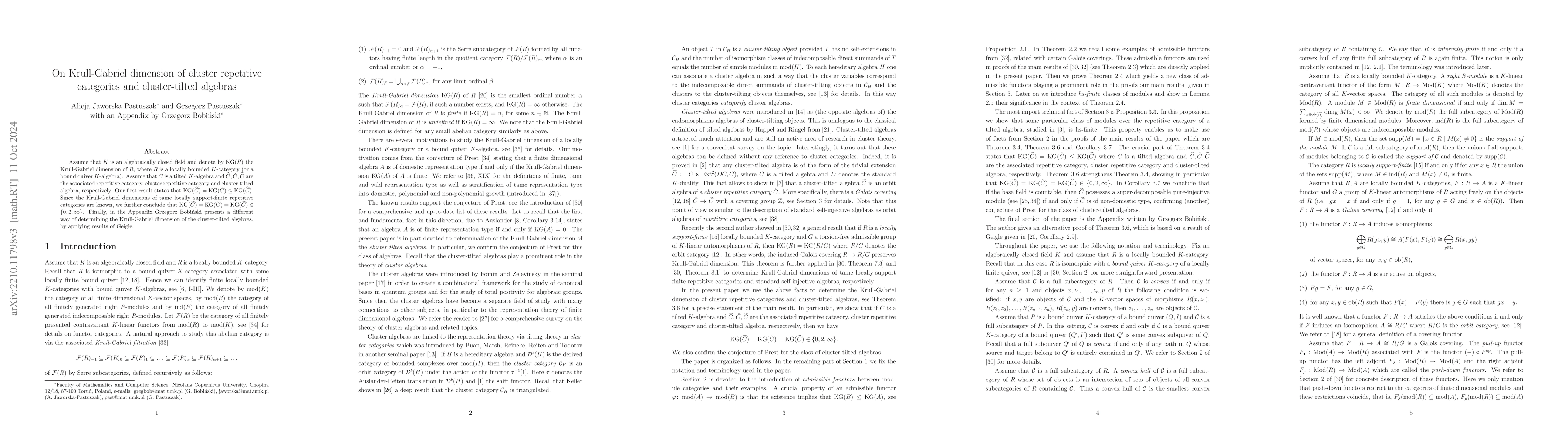 Thumbnail for On Krull-Gabriel dimension of cluster repetitive categories and
  cluster-tilted algebras