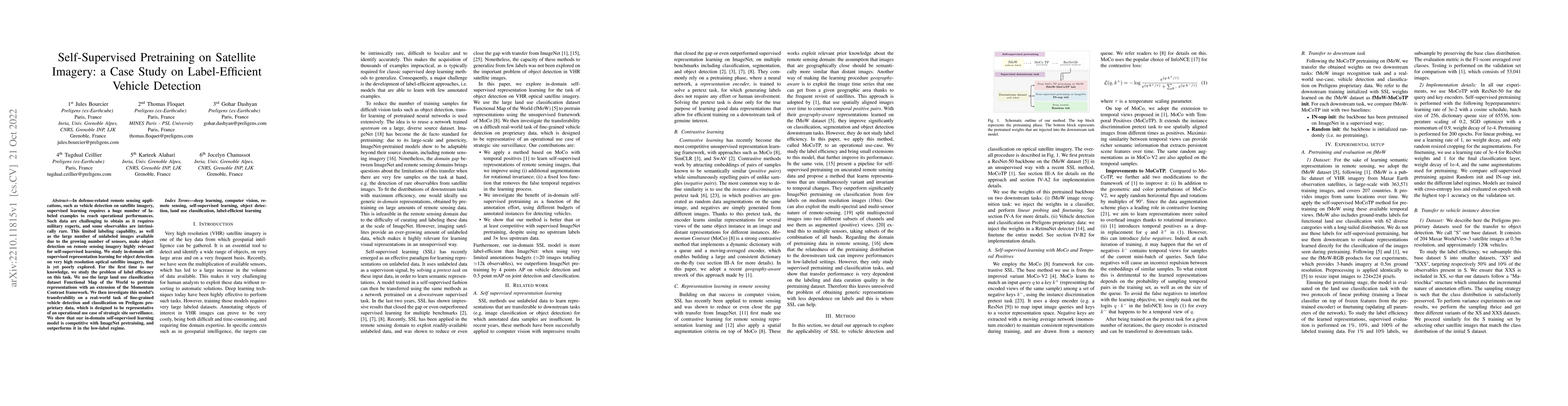 Thumbnail for Self-Supervised Pretraining on Satellite Imagery: a Case Study on
  Label-Efficient Vehicle Detection