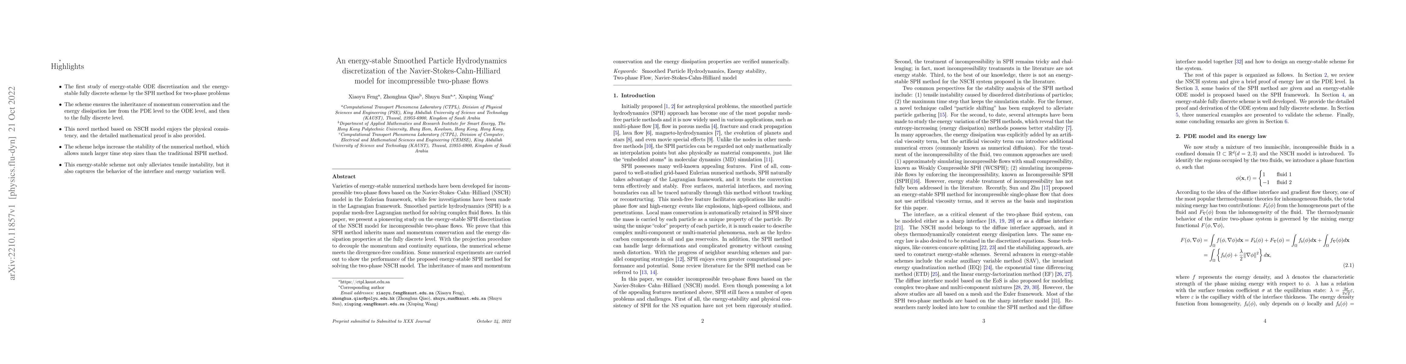Thumbnail for An energy-stable Smoothed Particle Hydrodynamics discretization of the
  Navier-Stokes-Cahn-Hilliard model for incompressible two-phase flows