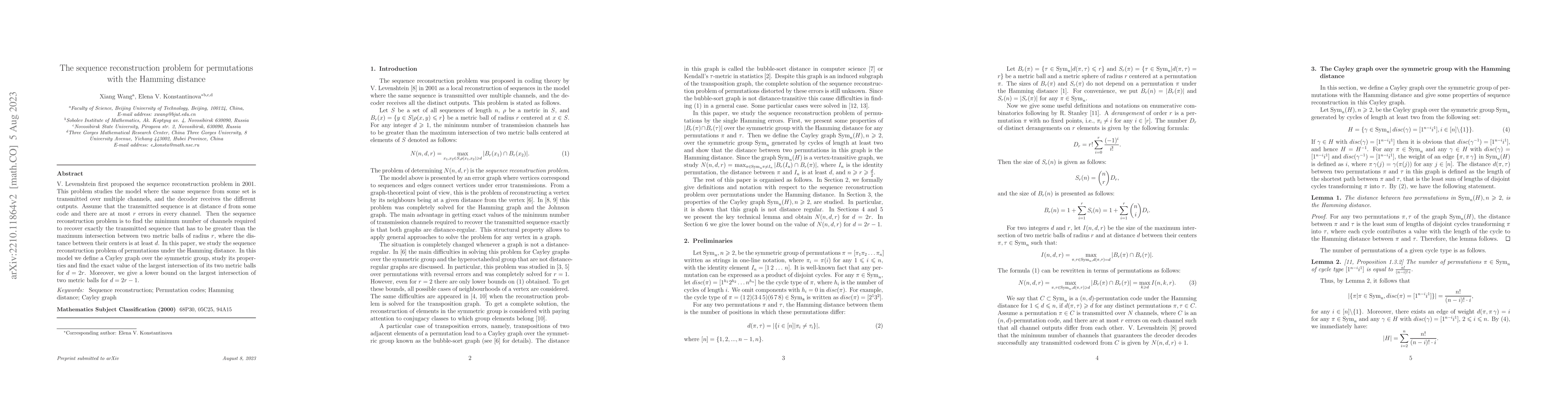 Thumbnail for The sequence reconstruction problem for permutations with the Hamming
  distance