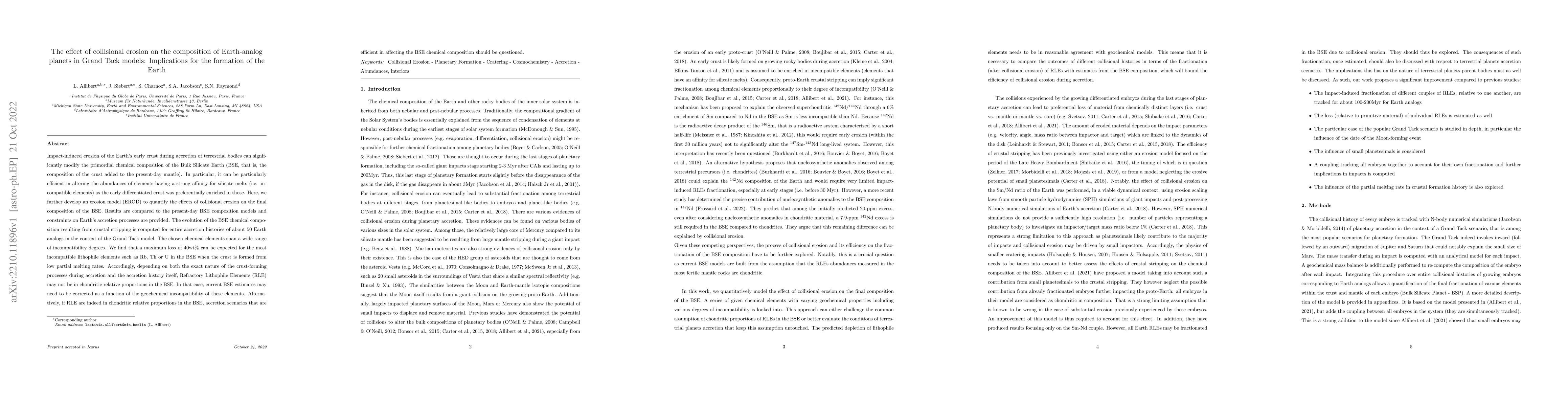 Thumbnail for The effect of collisional erosion on the composition of Earth-analog
  planets in Grand Tack models: Implications for the formation of the Earth