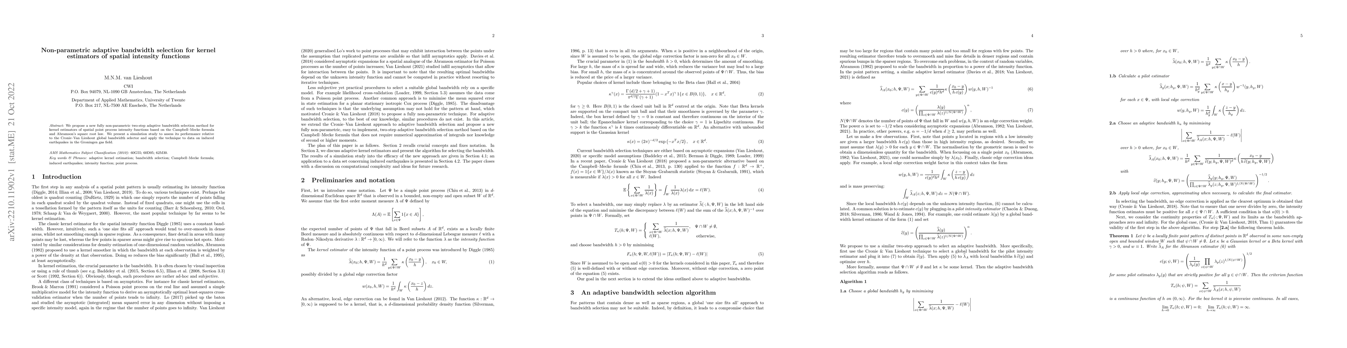 Thumbnail for Non-parametric adaptive bandwidth selection for kernel estimators of
  spatial intensity functions