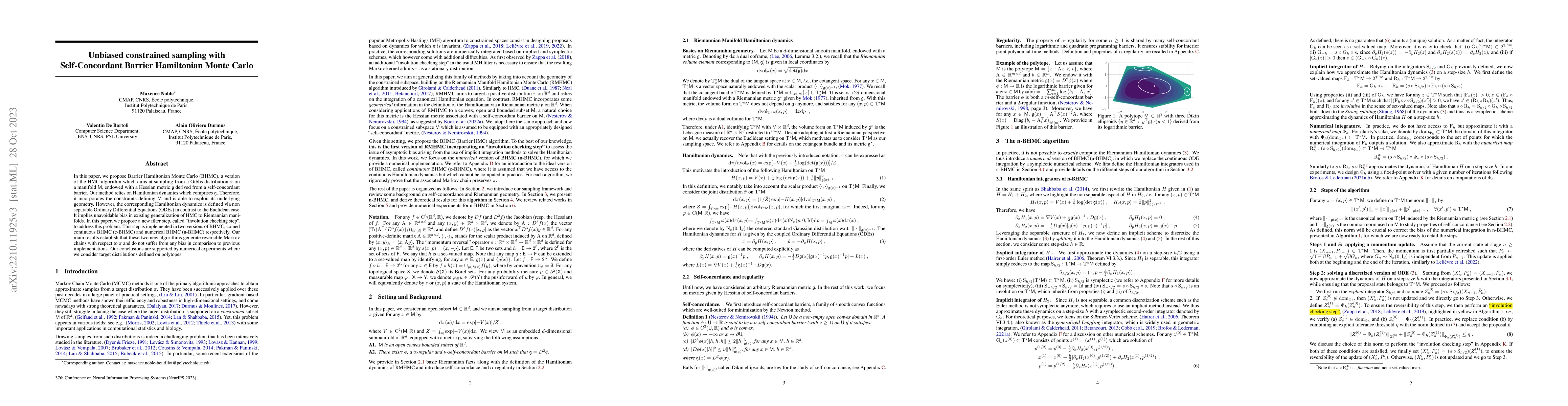 Thumbnail for Unbiased constrained sampling with Self-Concordant Barrier Hamiltonian
  Monte Carlo