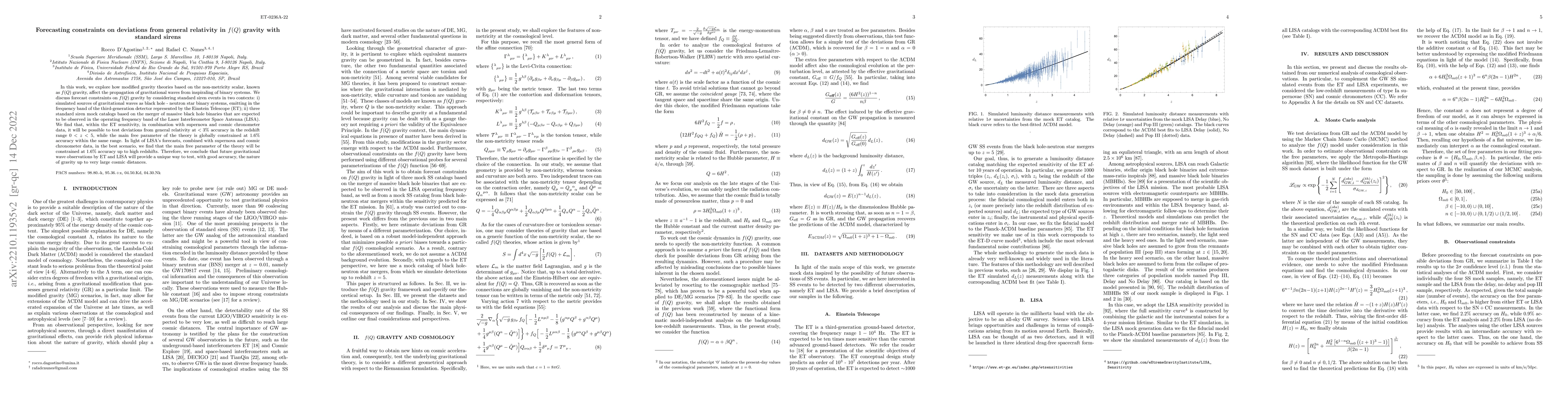 Thumbnail for Forecasting constraints on deviations from general relativity in $f(Q)$
  gravity with standard sirens